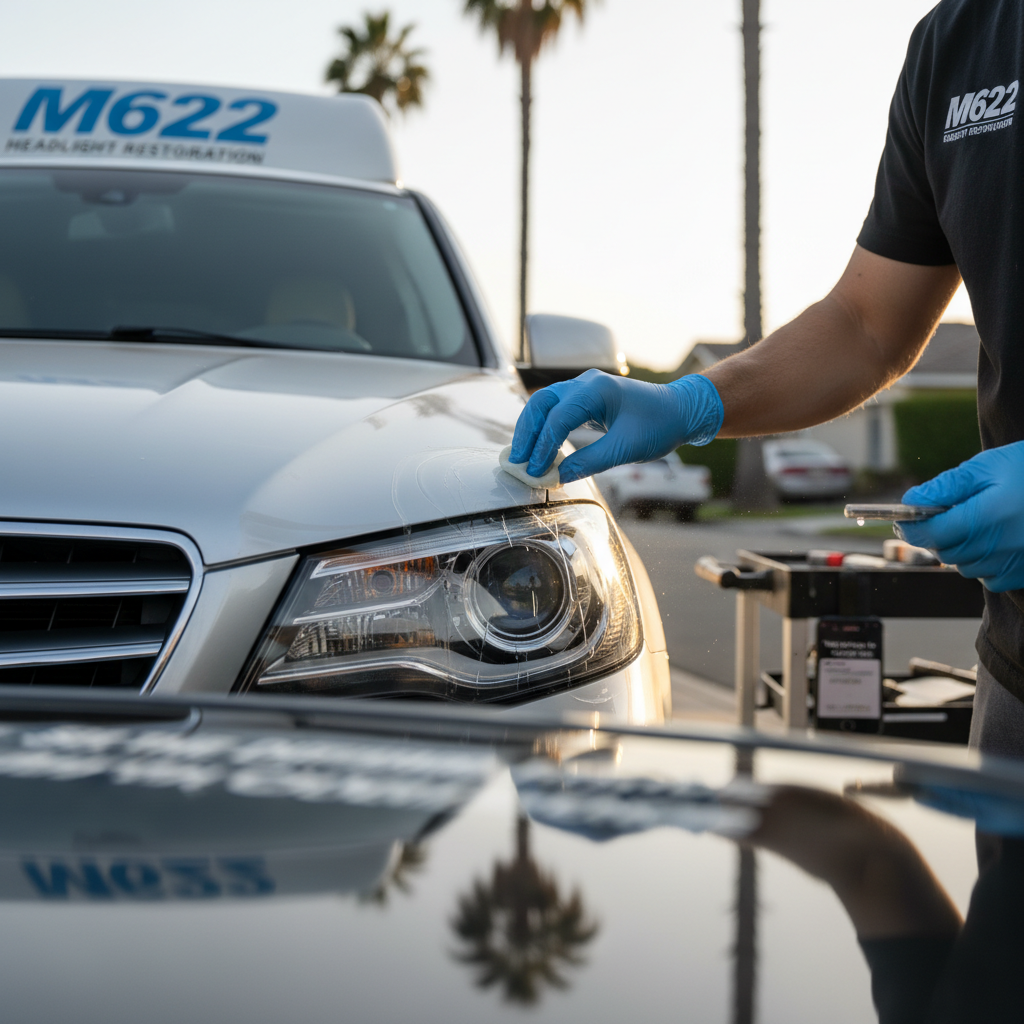 Professional technician applying ceramic UV protection coating to a freshly restored car headlight lens for long-lasting clarity