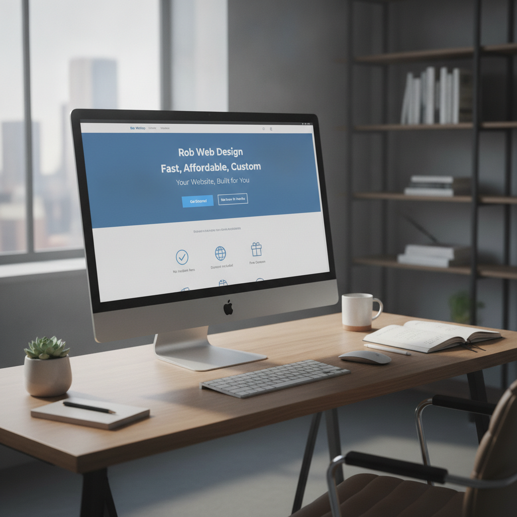 Modern web design workspace showing a professional custom website design on a computer monitor