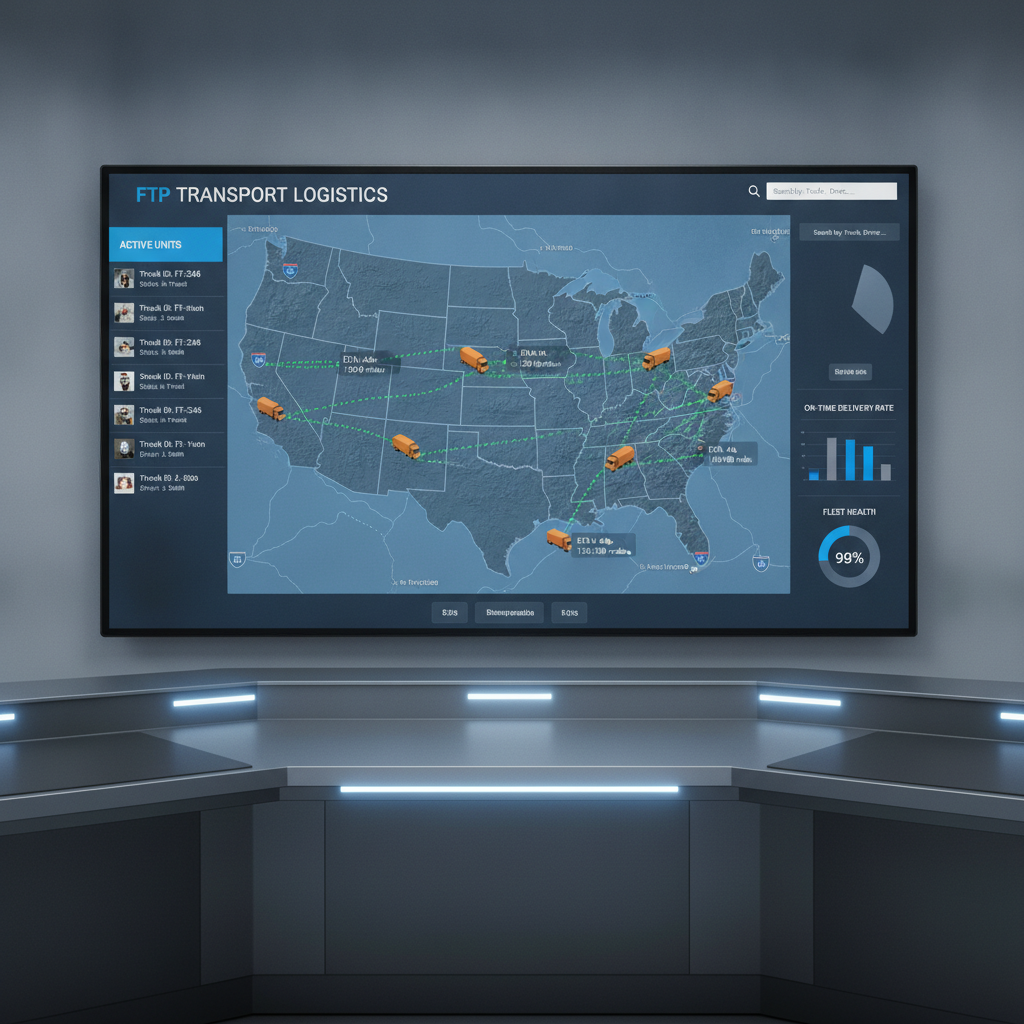 Sophisticated GPS fleet management dashboard interface displaying multiple trucks moving across an interactive real-time map with route data and ETAs