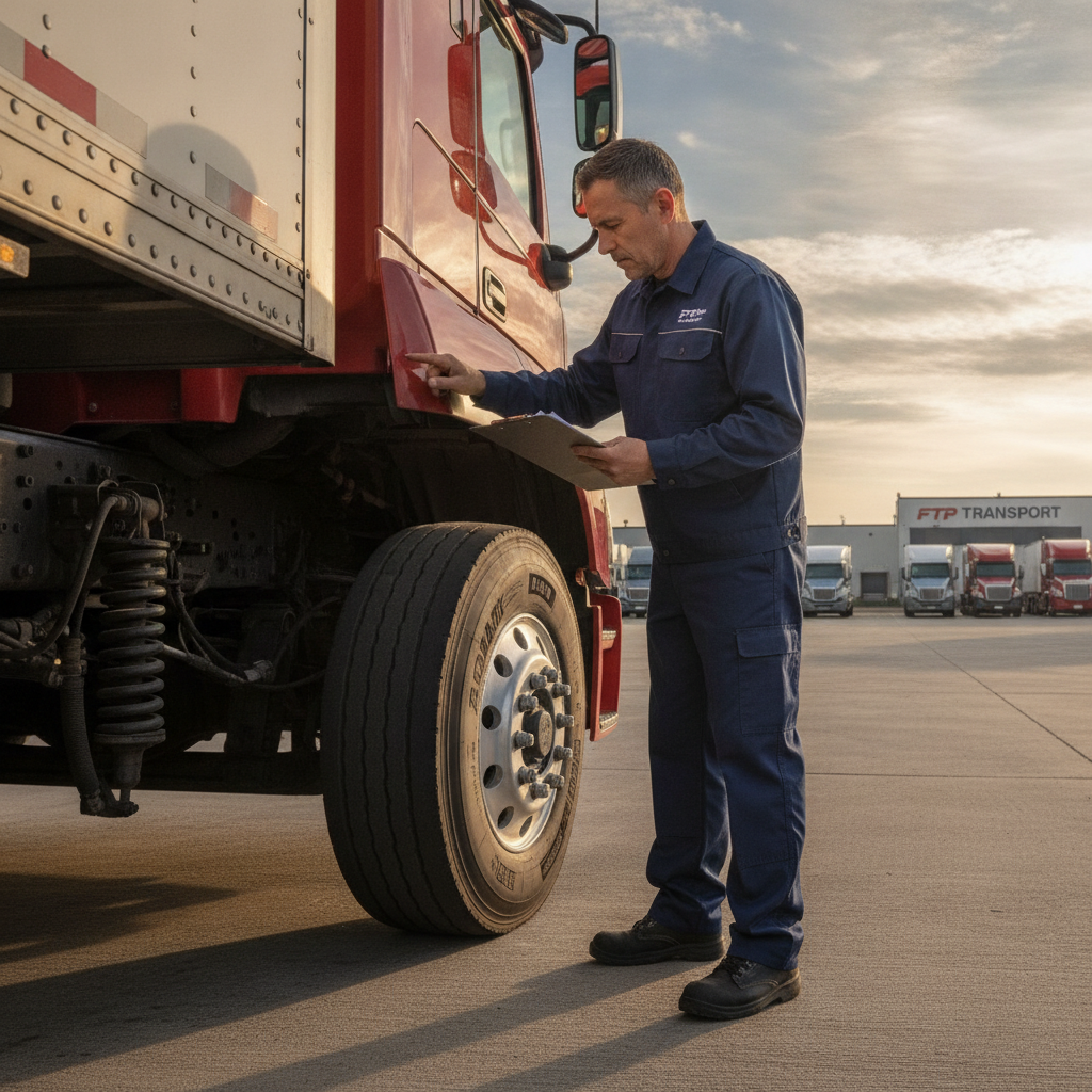 Uniformed professional truck driver conducting a detailed pre-trip safety inspection with clipboard checking tires and mechanical components on a large semi-truck