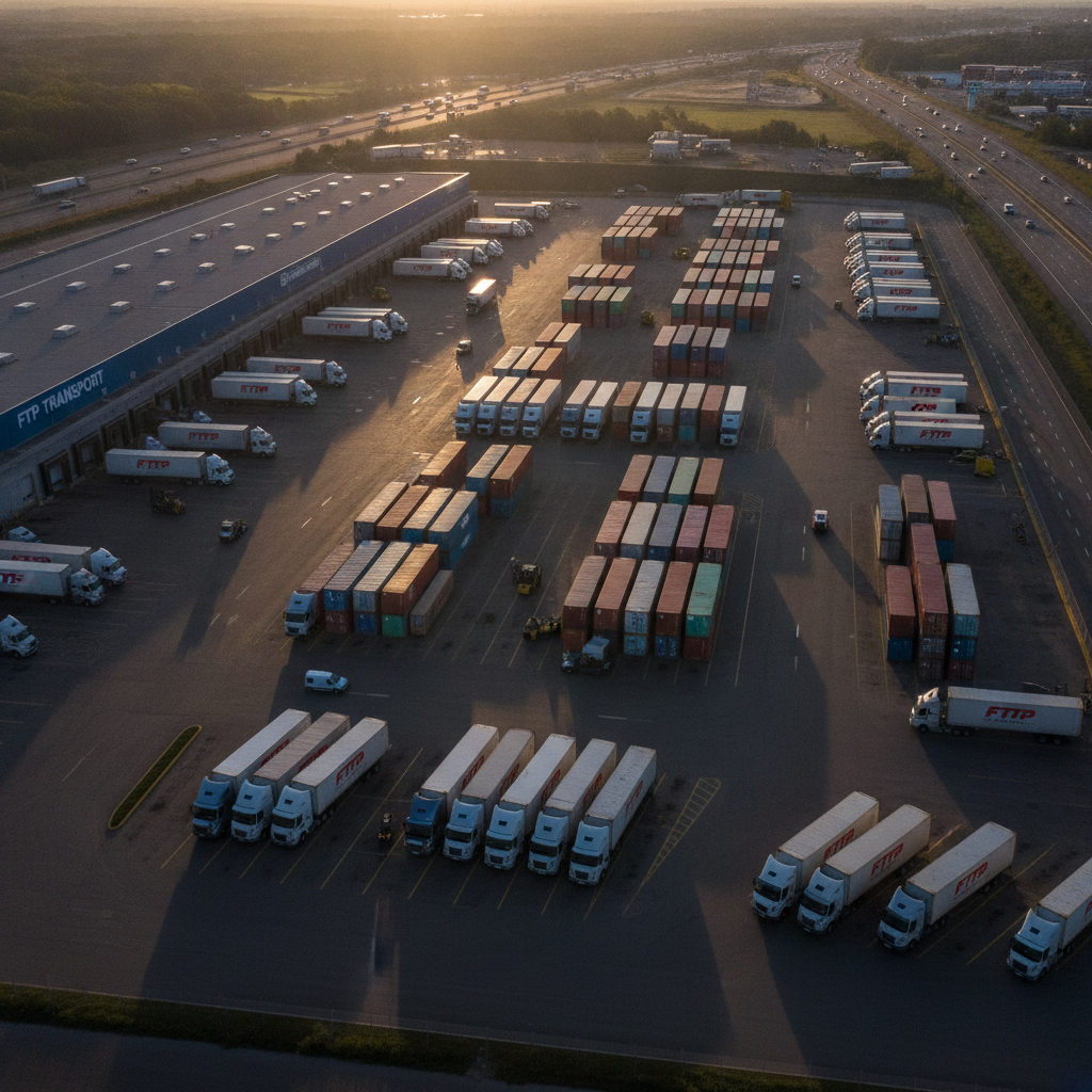Sweeping aerial view of a large bustling FTP Transport logistics hub at dawn with rows of semi-trucks, shipping containers, and loading docks under golden morning light