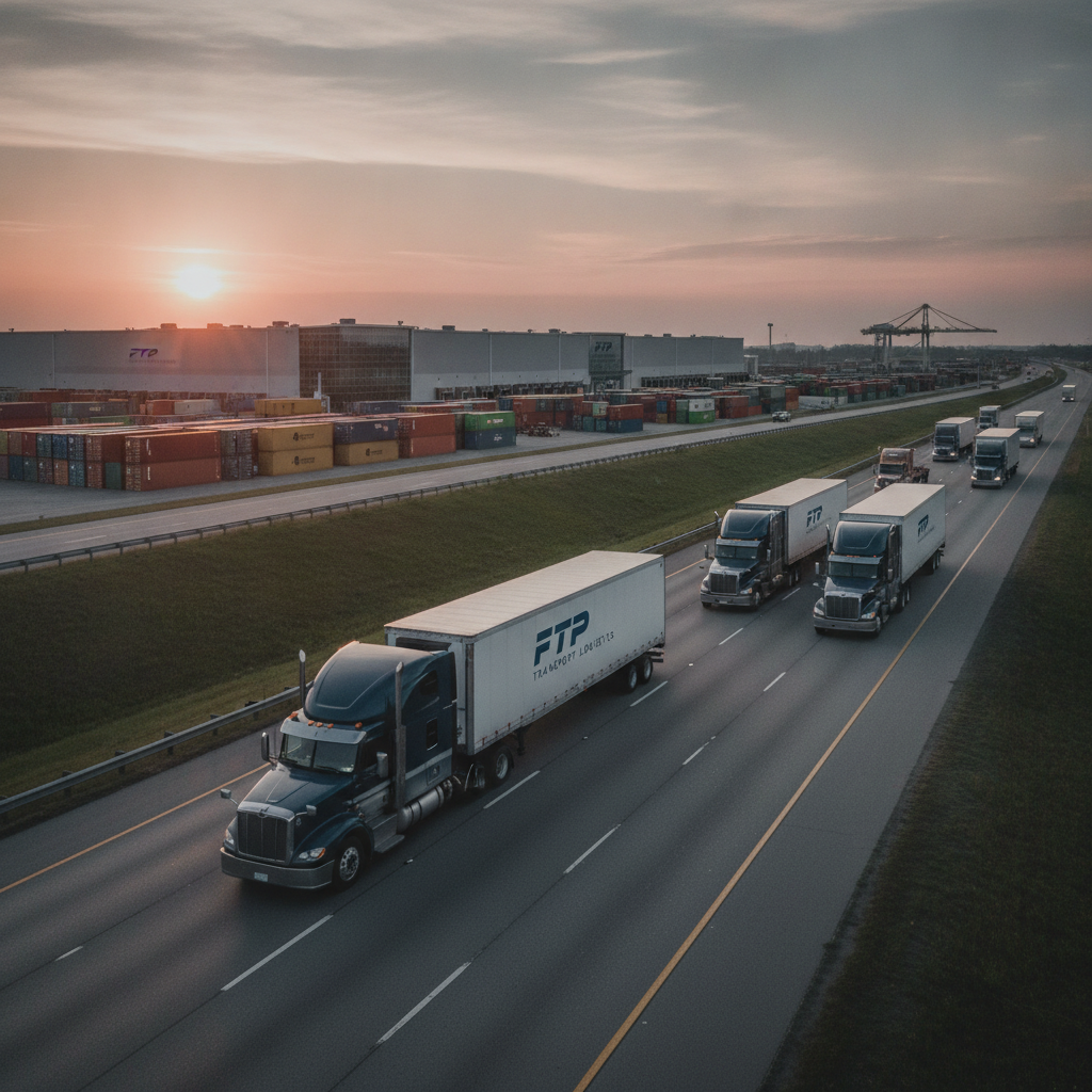 Modern semi trucks transporting freight on a highway at sunrise with warehouses and shipping containers in the background