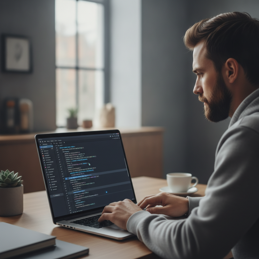 Developer writing modern web application code on laptop with programming syntax visible