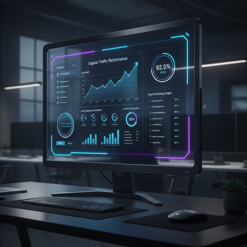 SEO analytics dashboard showing search ranking charts and organic traffic performance data