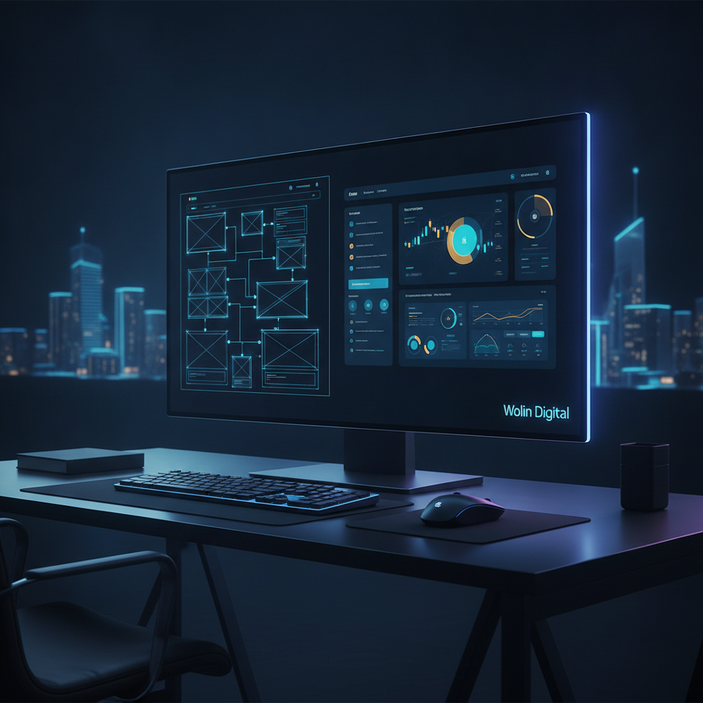 Modern UI/UX design wireframes and interface mockups displayed on dark screen