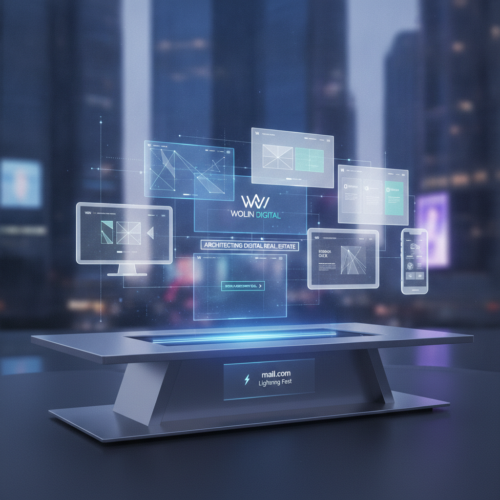 Futuristic 3D representation of modern website design interfaces, responsive layouts, and UI/UX wireframes built by Wolin Digital