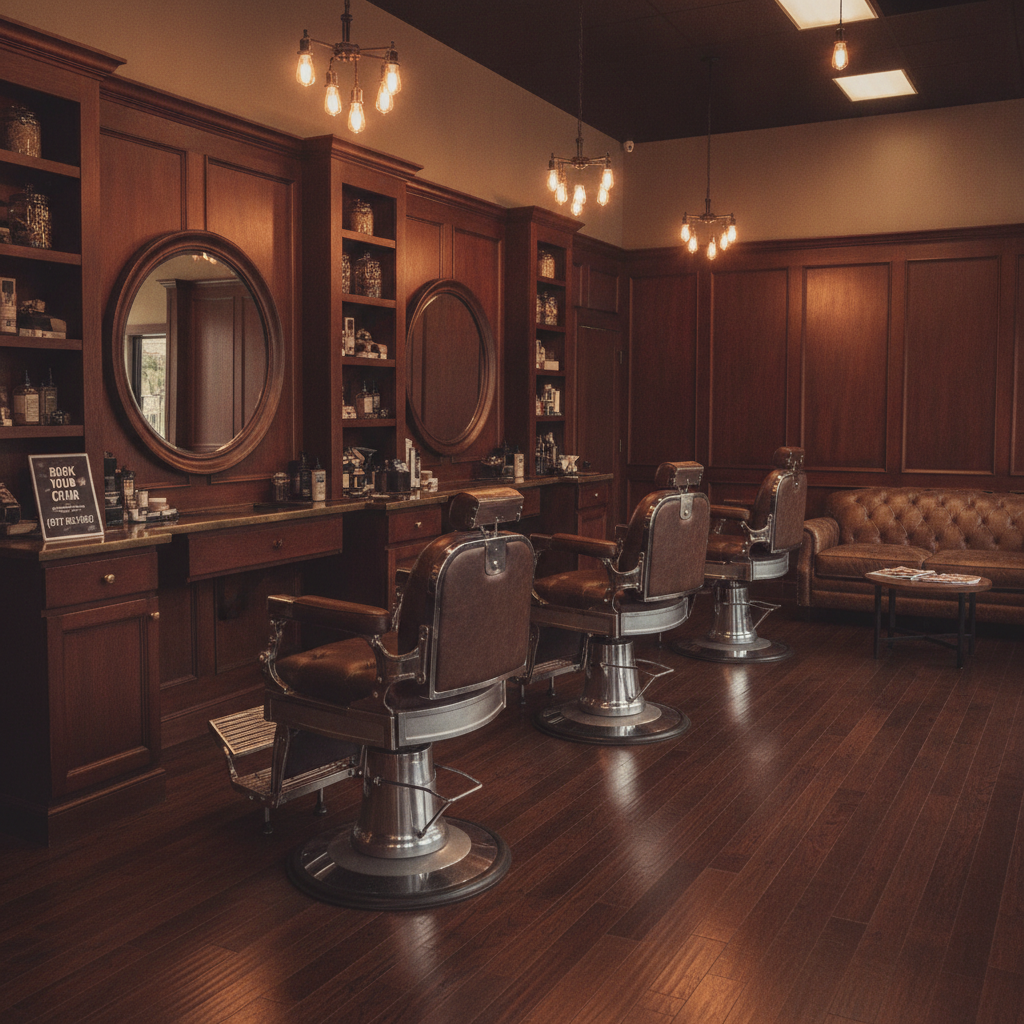 Interior of Social Barbershop in Fort Worth featuring vintage leather barber chairs, warm Edison bulb lighting, and classic wood paneling