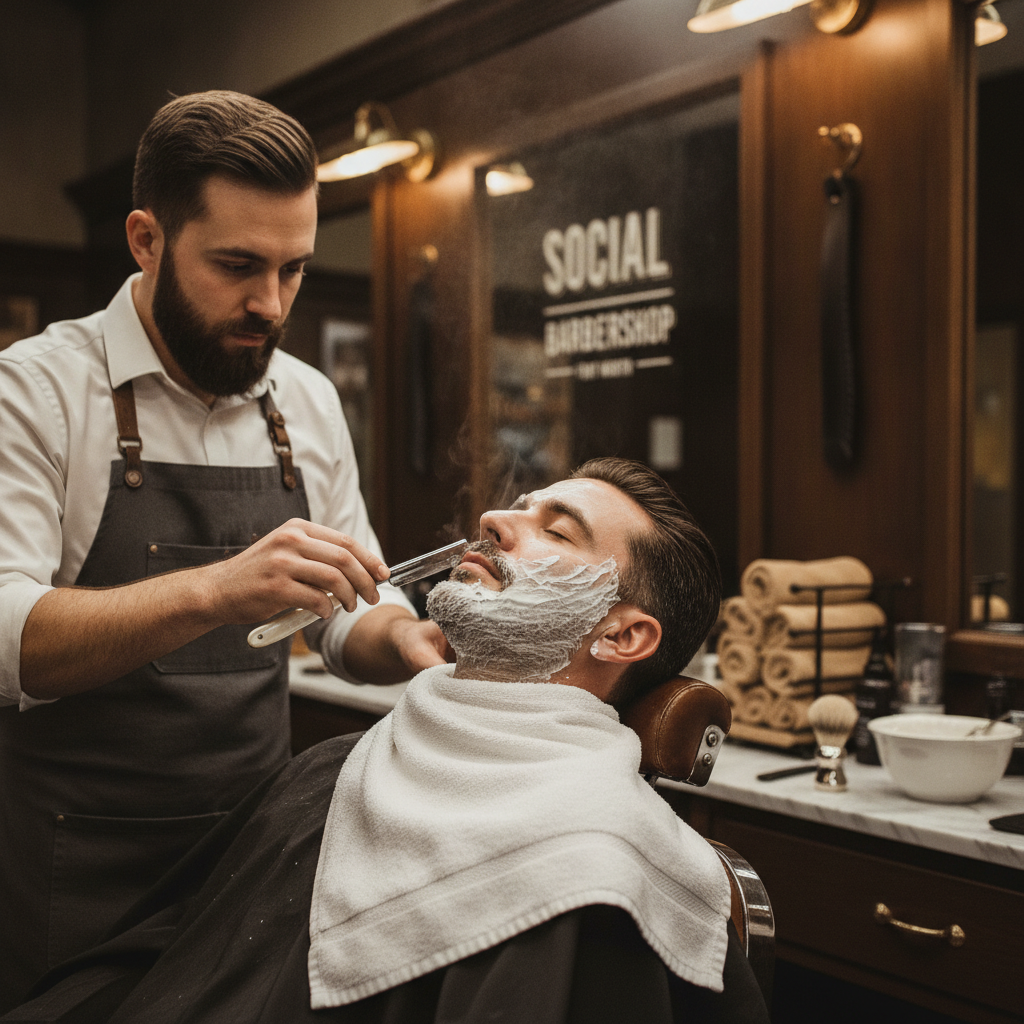 Traditional straight razor hot lather shave with steamed towel treatment at Social Barbershop Fort Worth