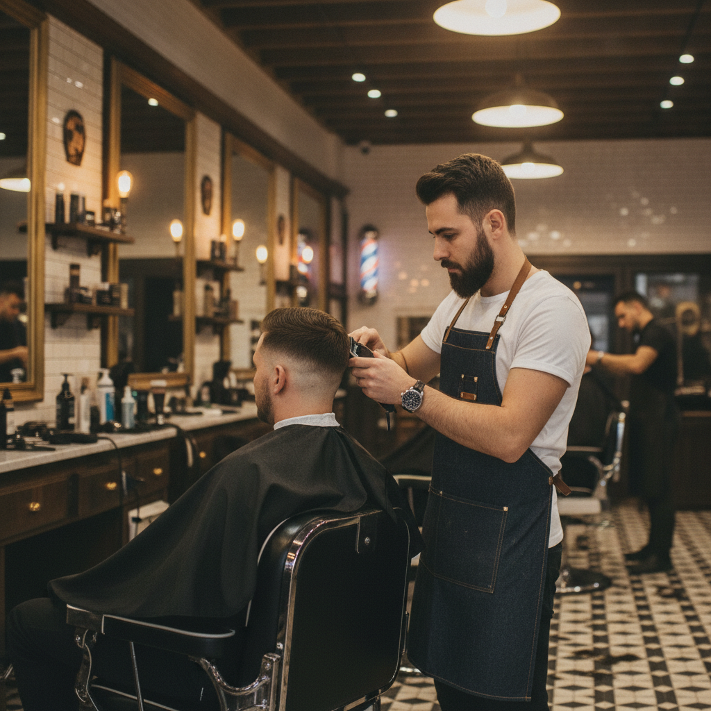 Skilled Social Barbershop barber giving a client a sharp skin fade haircut with clippers under warm shop lighting