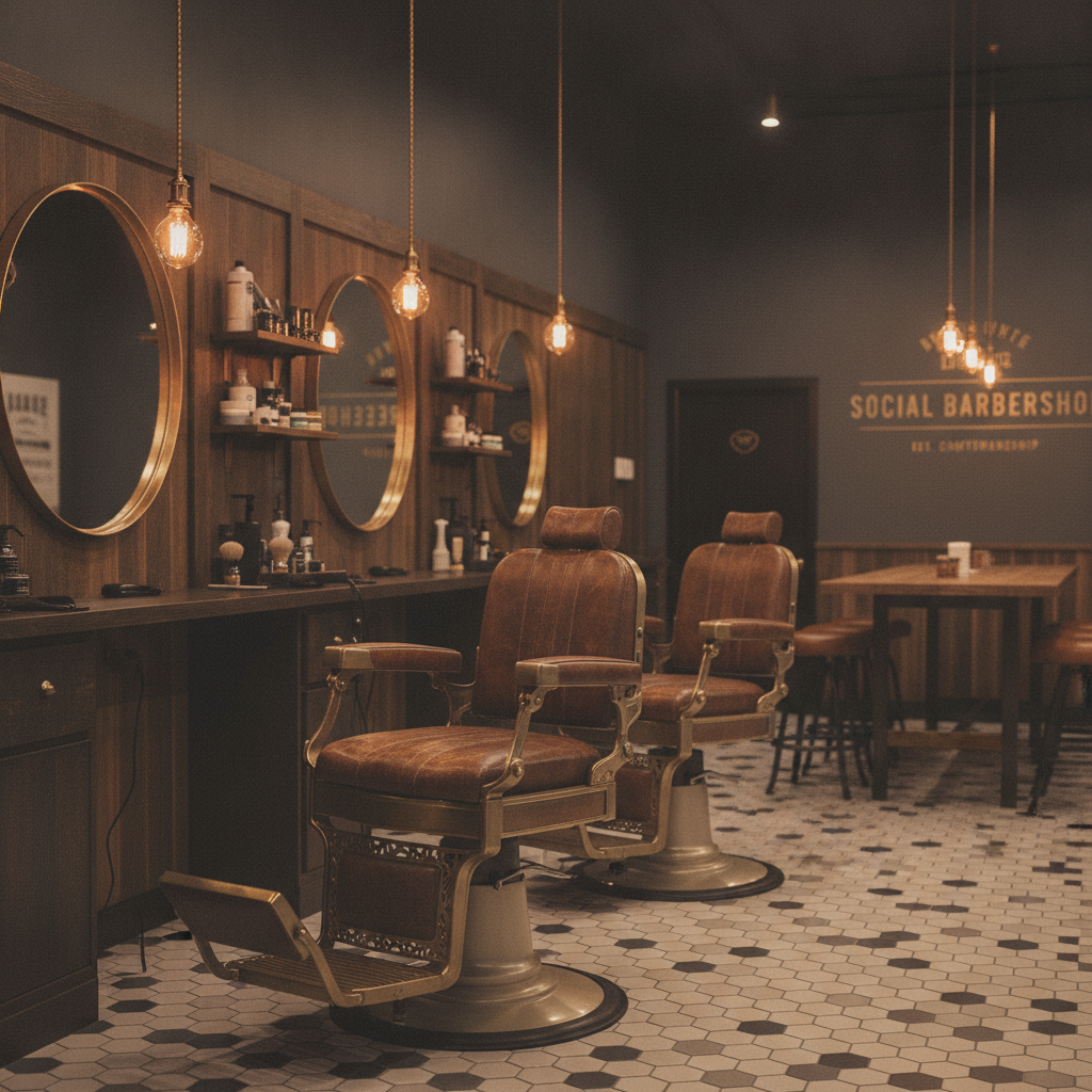 Interior of Social Barbershop in Fort Worth featuring vintage leather barber chairs, brass fixtures, and warm moody edison bulb lighting