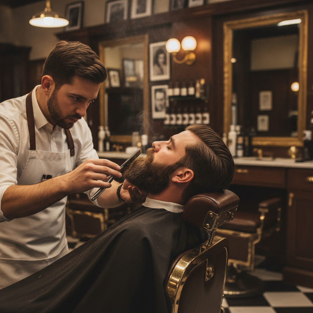 Detailed beard sculpting and precision line-up work being performed on a client in the vintage atmosphere of Social Barbershop