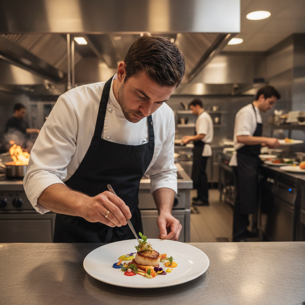 Chef plating a gourmet dish in a bustling commercial restaurant kitchen