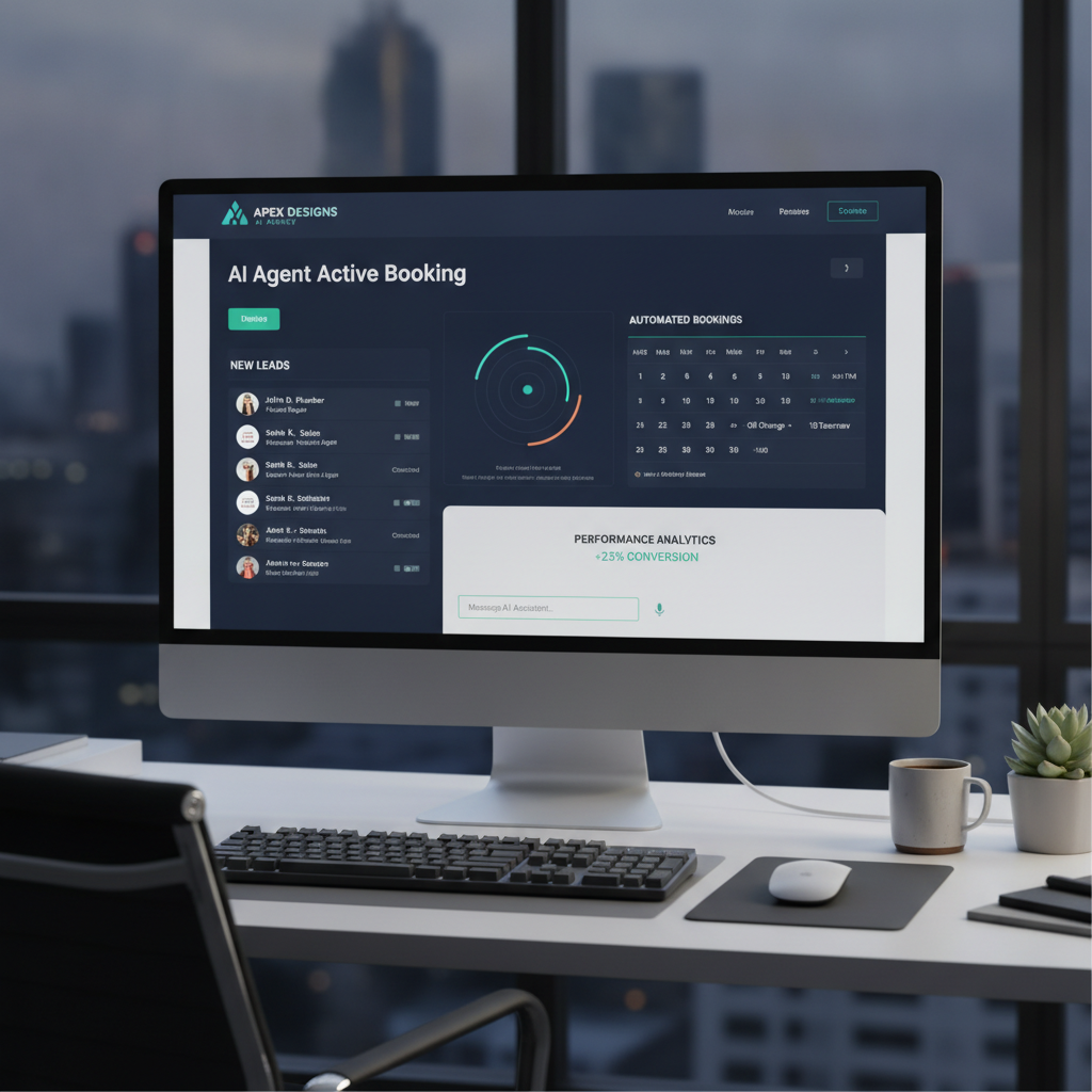 Modern AI website dashboard managing leads and automated bookings for local service businesses like plumbers and auto shops