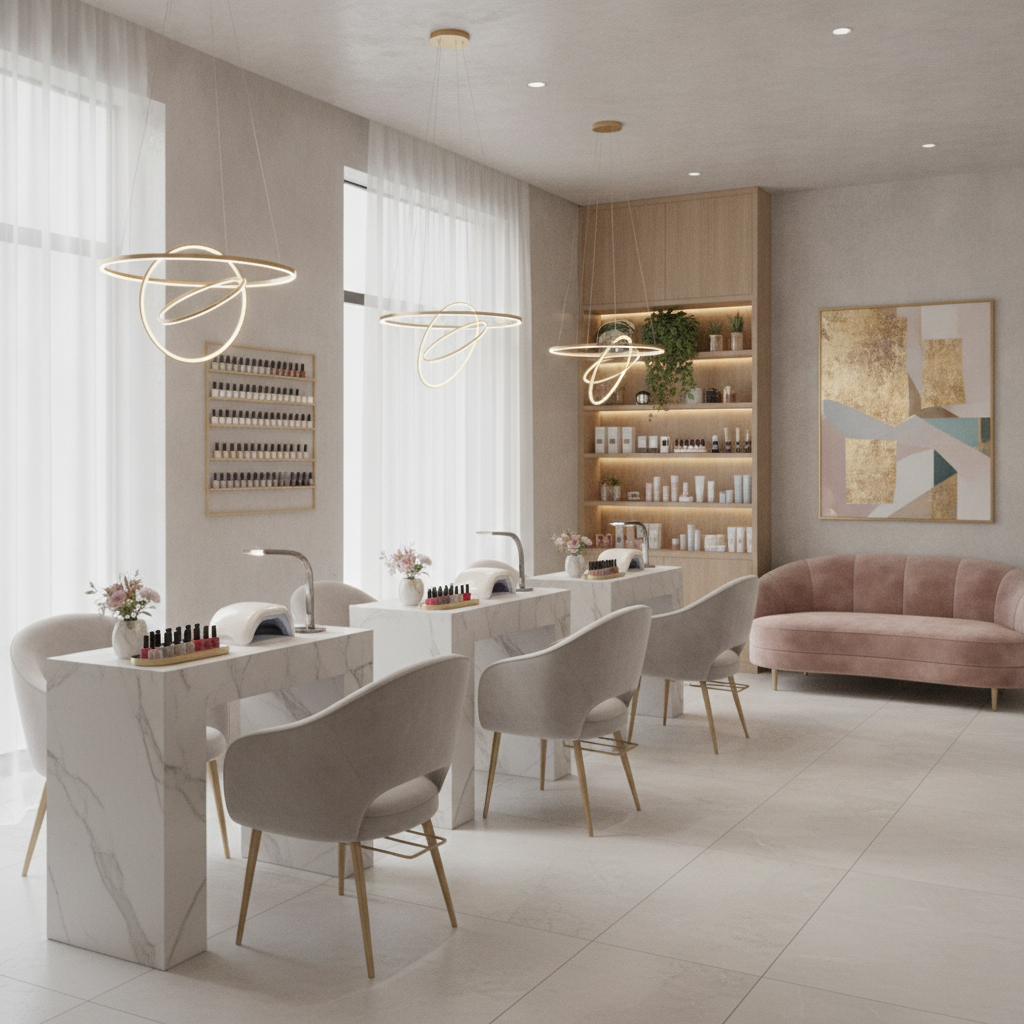 Interior of an elegant, modern nail salon with manicure stations