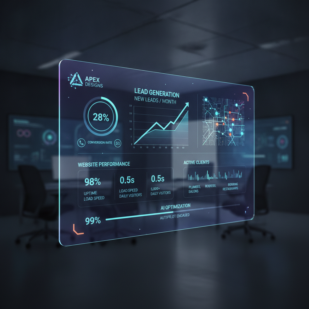 Futuristic AI dashboard showing business analytics, lead tracking, and website performance