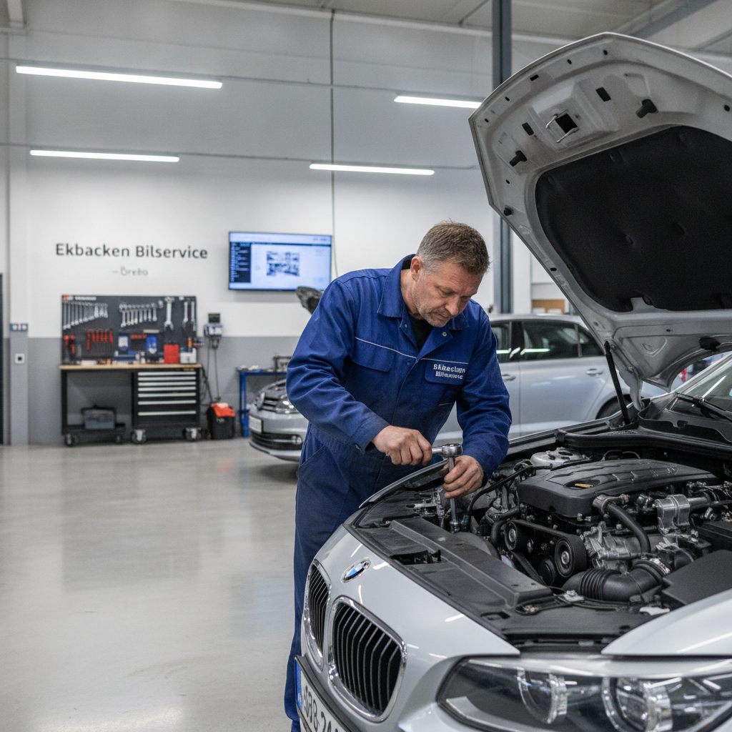 Erfaren mekaniker som utför service på en bilmotor i en modern, ren bilverkstad