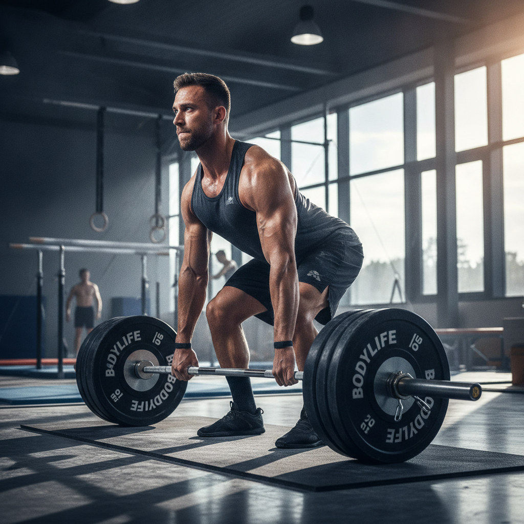 Photorealistic image of muscular man lifting heavy barbell weights in modern brightly-lit gym with dramatic lighting, focused expression and chalk dust