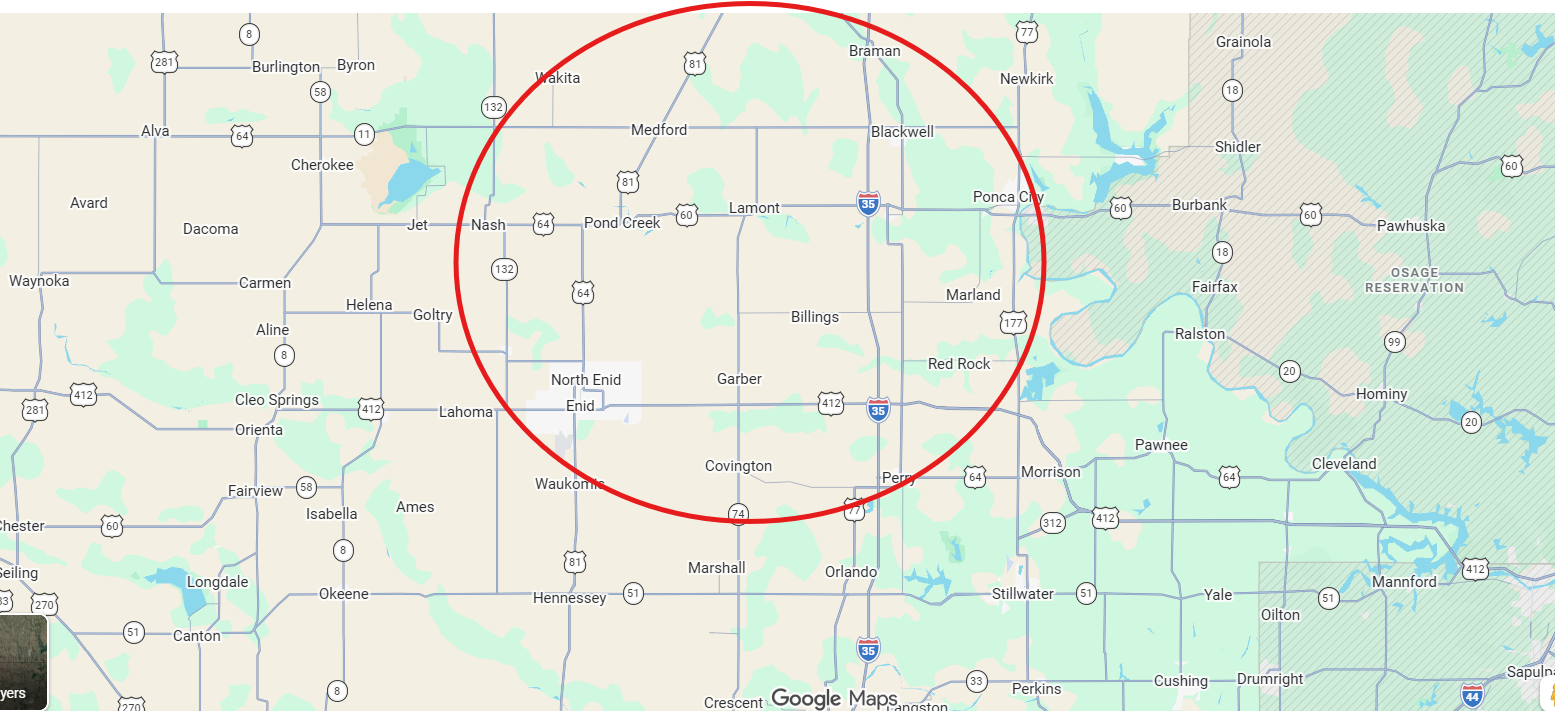 Map of service area in Oklahoma, showing Lamont, Ponca City, Enid, and Blackwell