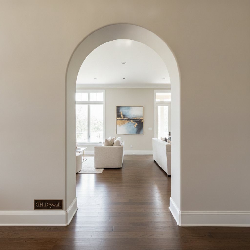 A perfectly finished arched doorway in a luxury custom home, showcasing GH Drywall's craftsmanship