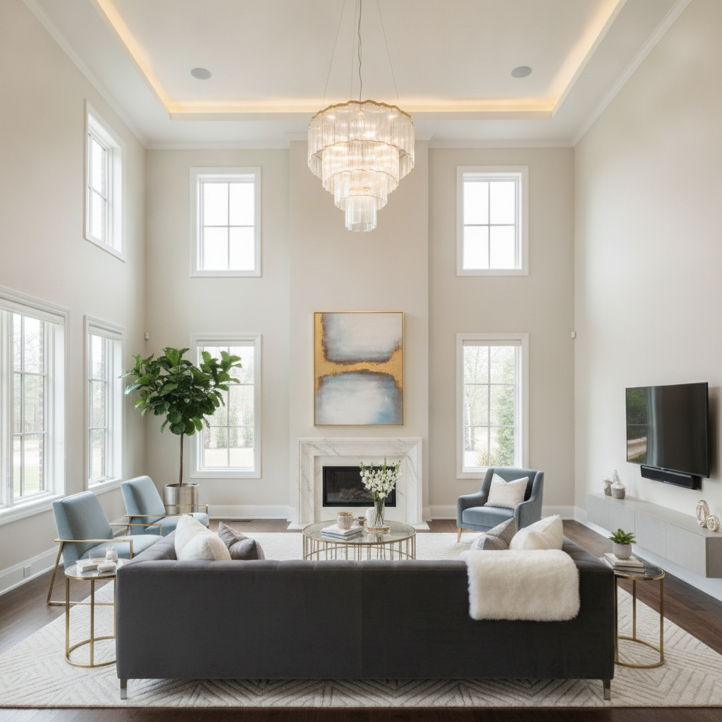 Elegant living room in a luxury custom home with high ceilings and perfect drywall finishing
