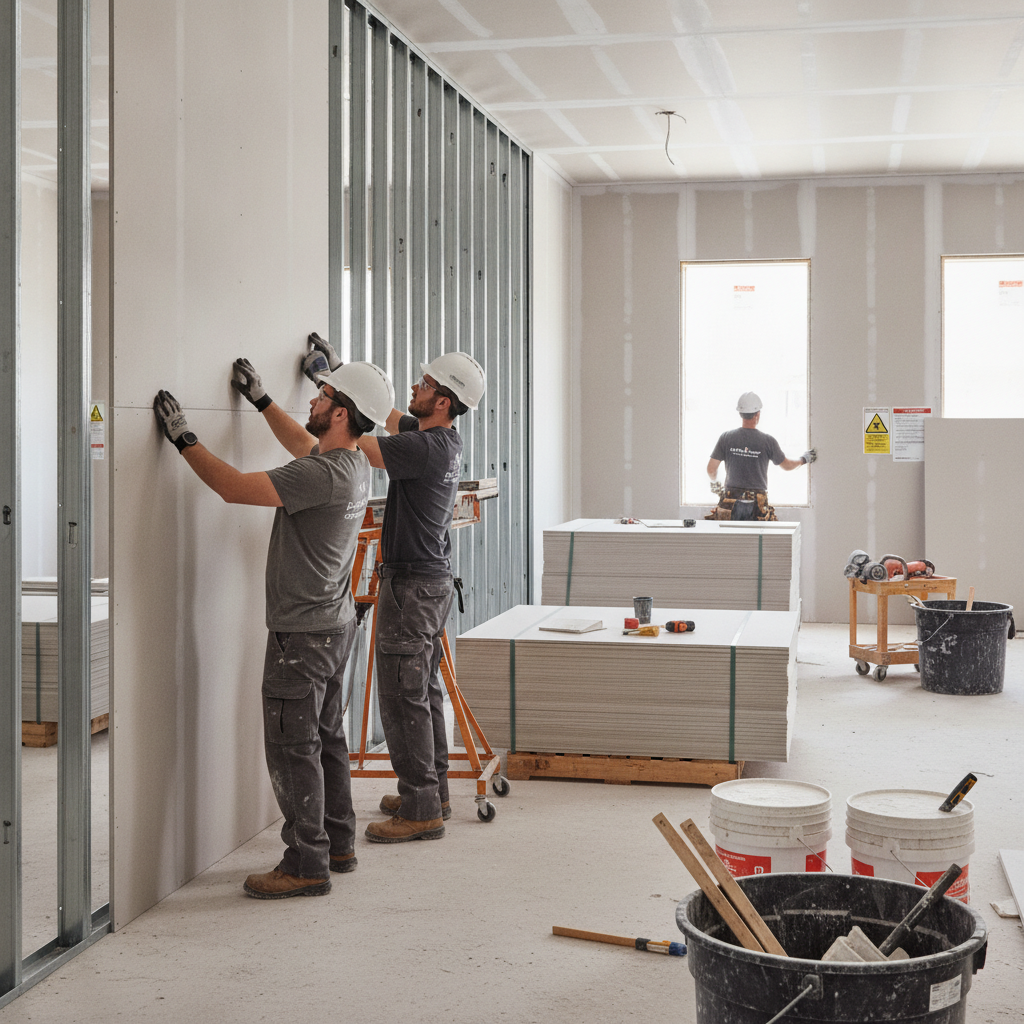 A clean and organized construction site showing a professional drywall installation in progress