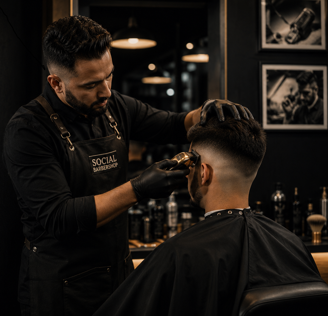 Interior elegante y moderno de un salón de belleza y barbería premium inspirado en un hotel boutique europeo