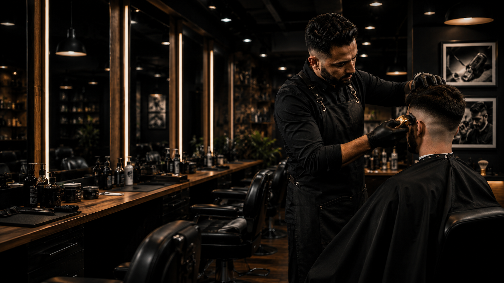 Estilista profesional aplicando tinte premium a una clienta en un salón de belleza elegante