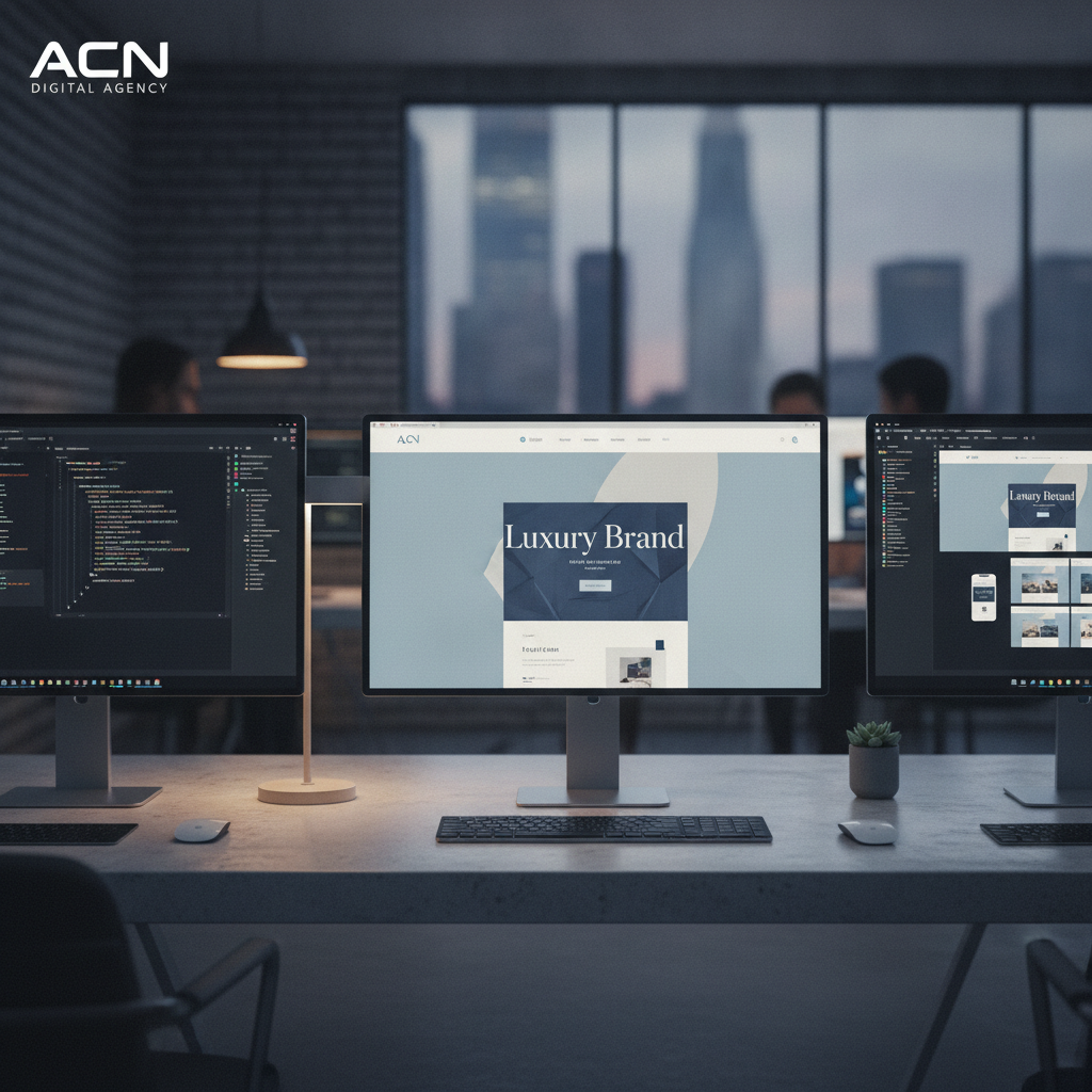 Sophisticated editorial digital agency workspace with elegant monitors displaying refined web designs and clean code