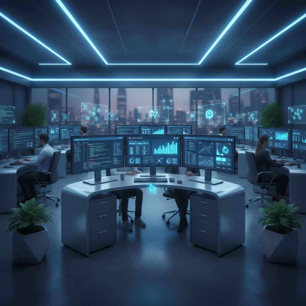 Futuristic digital agency workspace