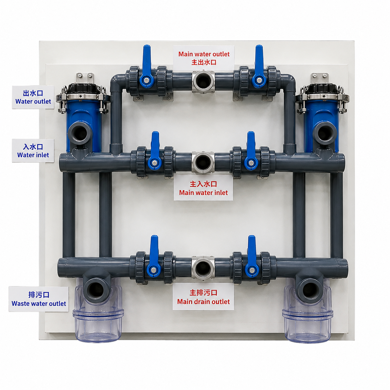 A large, complex industrial water filtration system mounted on a steel skid with extensive piping and gauges