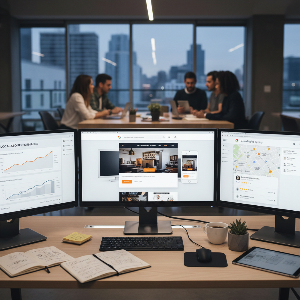 Modern web design agency workspace showing responsive website mockups, SEO analytics, and local business digital profiles