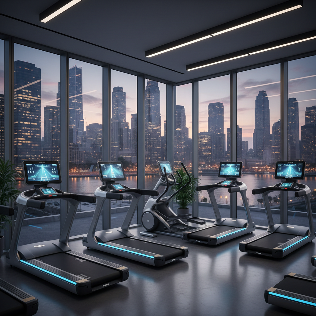 Row of high-tech treadmills and ellipticals overlooking city skyline