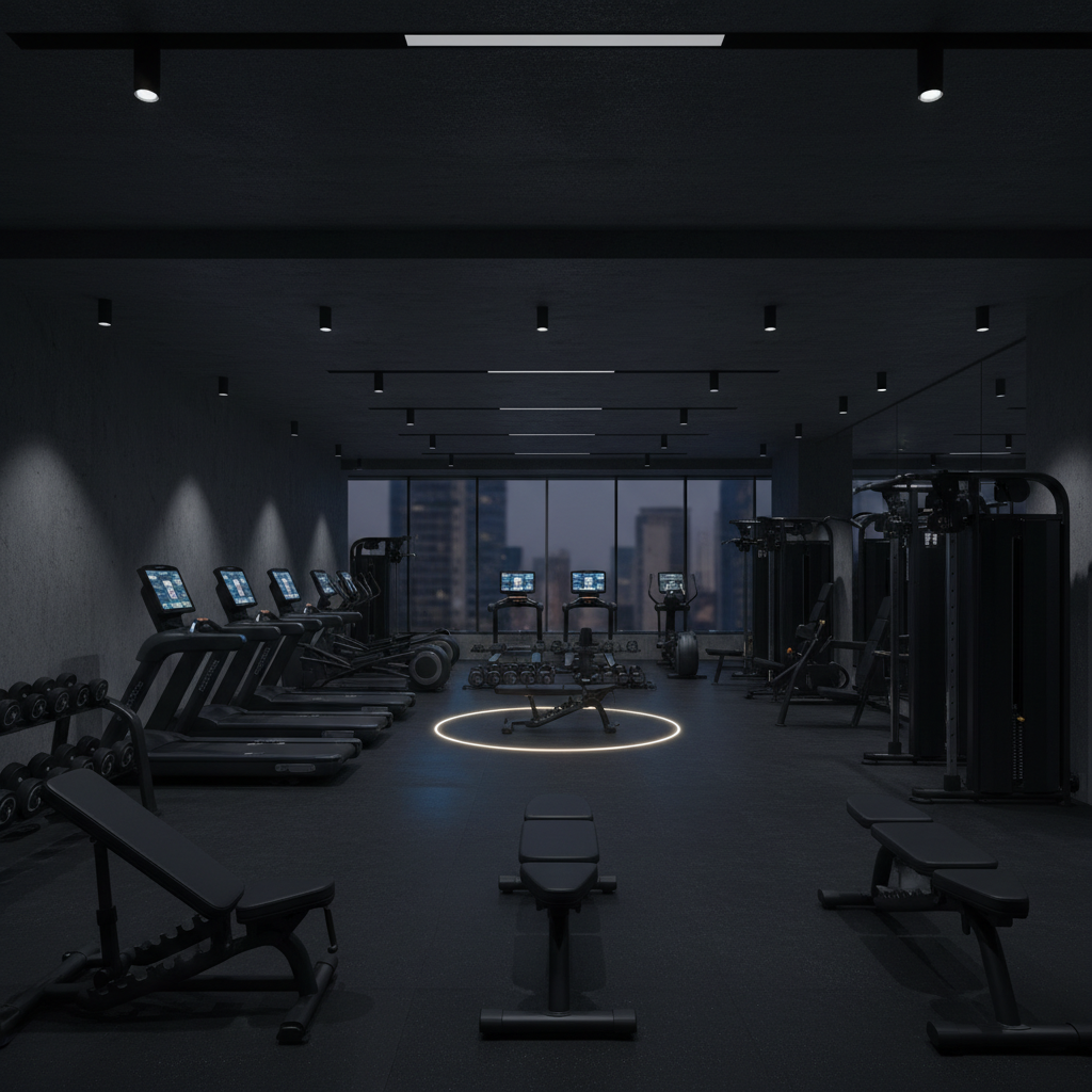 Premium sleek gym facility with state-of-the-art equipment and dramatic dark lighting