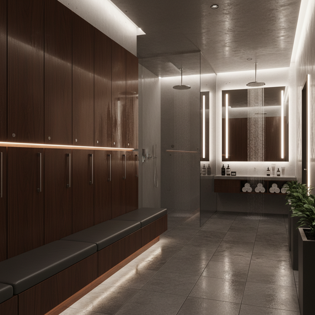 Sleek, modern locker room with dark wood accents, rainfall showers, and premium amenities