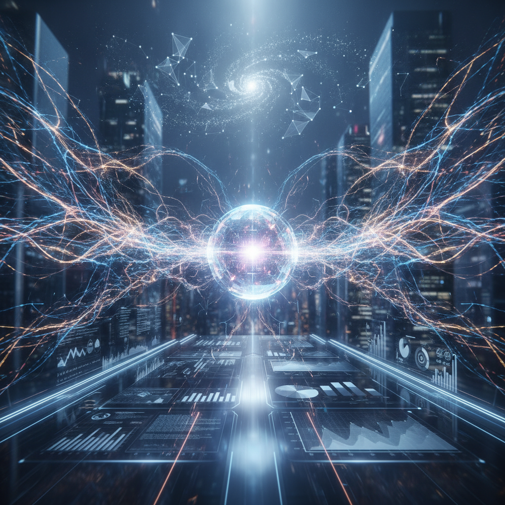Abstract visualization of complex AI data streams and neural networks in a futuristic environment