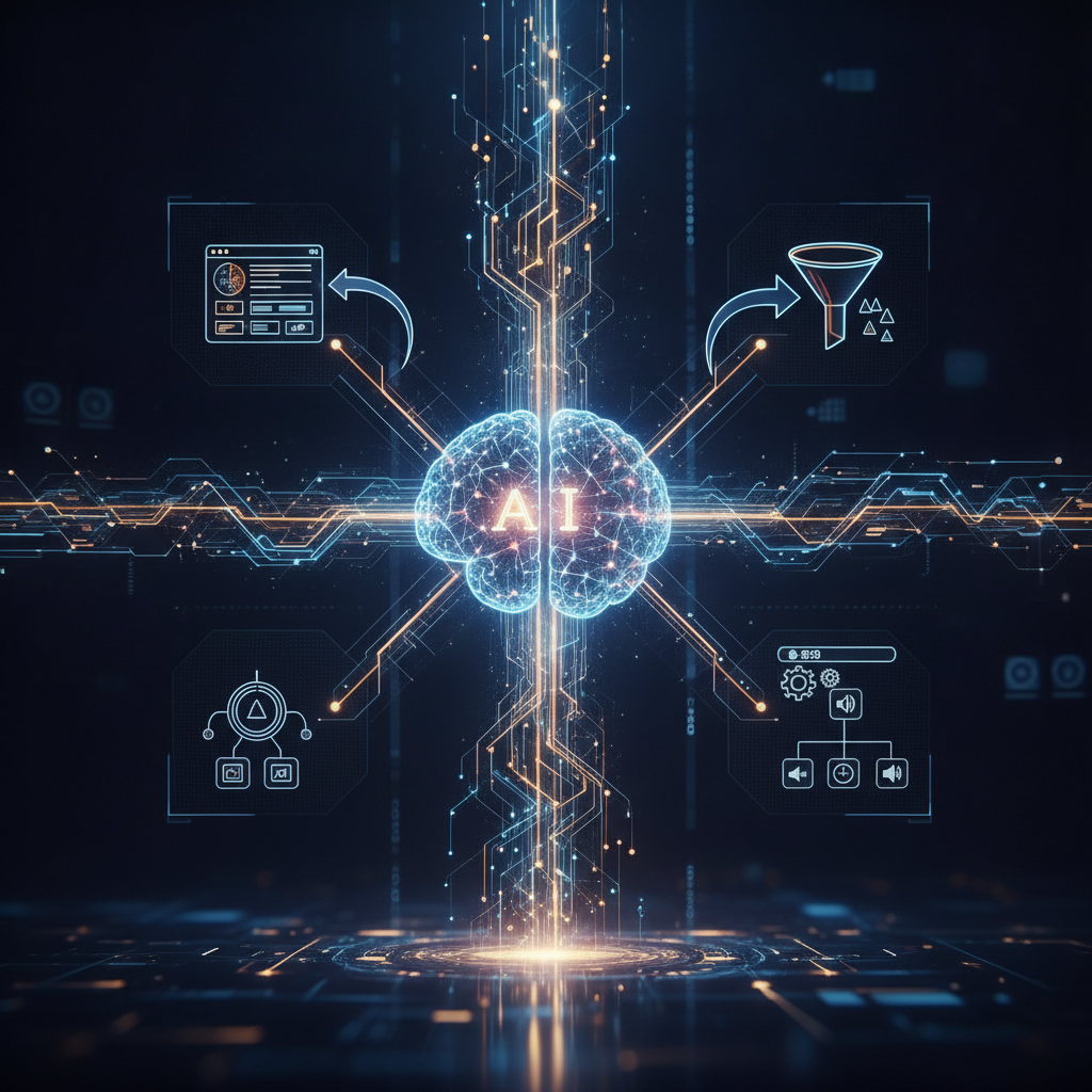 Abstract visualization of AI automation data flow, neural networks, and automated business workflows