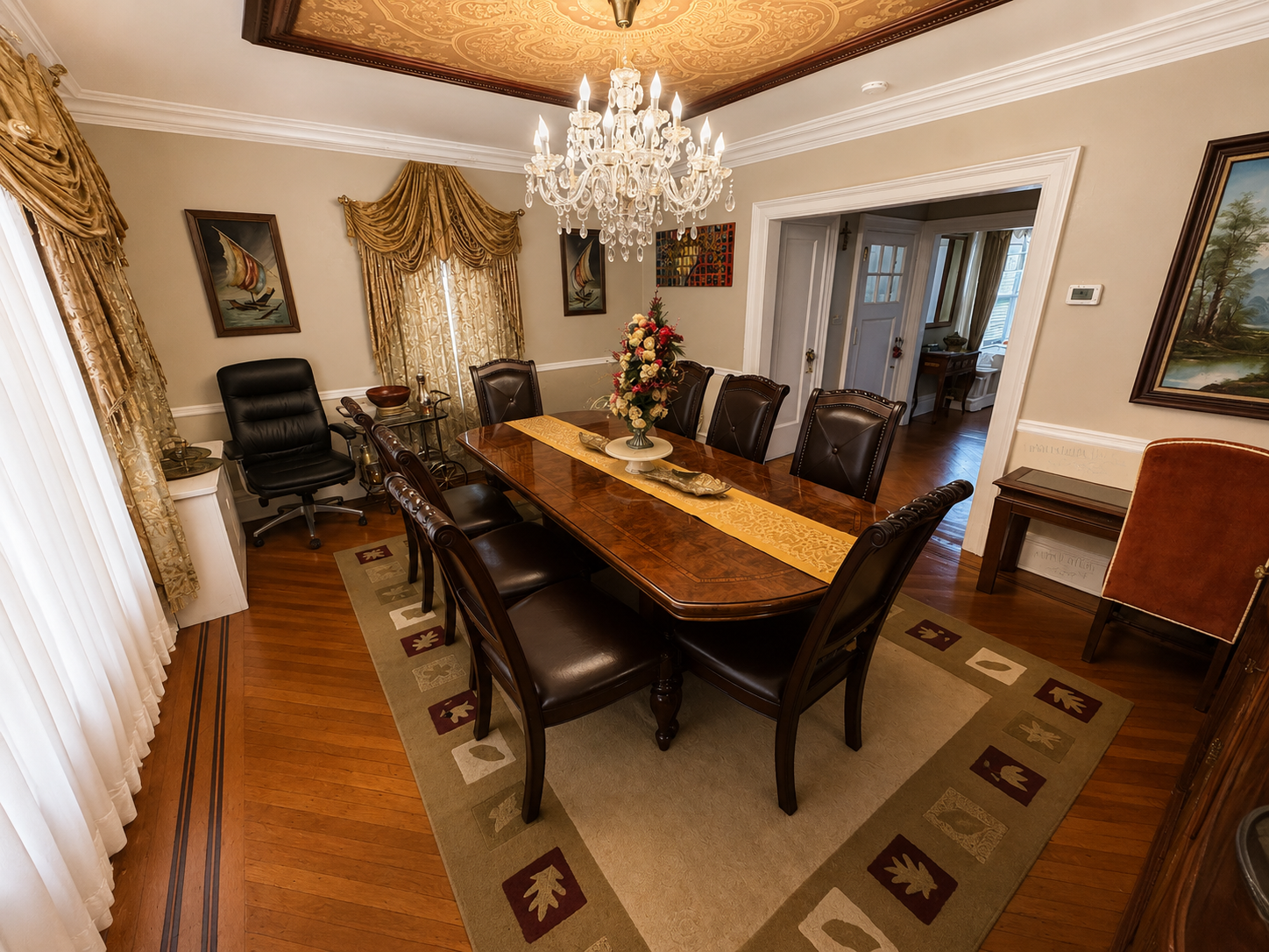 Diverse multicultural senior residents including African American, Asian, Hispanic/Latino, South Asian, Middle Eastern, and White seniors dining together in the elegant dining hall at Amity Springs with set tables and natural light from large windows