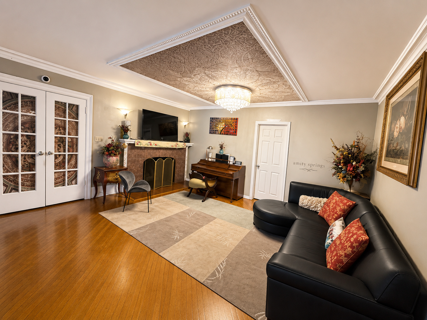 Cozy library reading nook with plush armchairs, warm lamps, and floor-to-ceiling bookshelves at Amity Springs