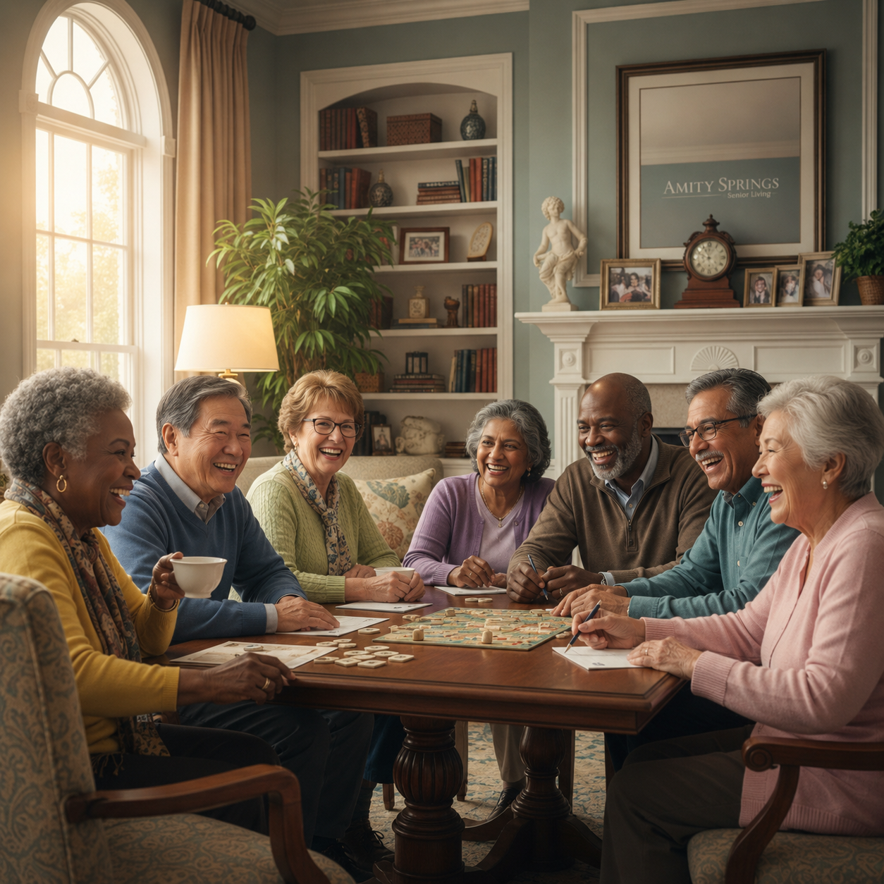 Diverse multicultural group of senior residents including African American, Asian, Hispanic/Latino, South Asian, Middle Eastern, and White seniors smiling and socializing during an afternoon activity in the sunlit community room at Amity Springs
