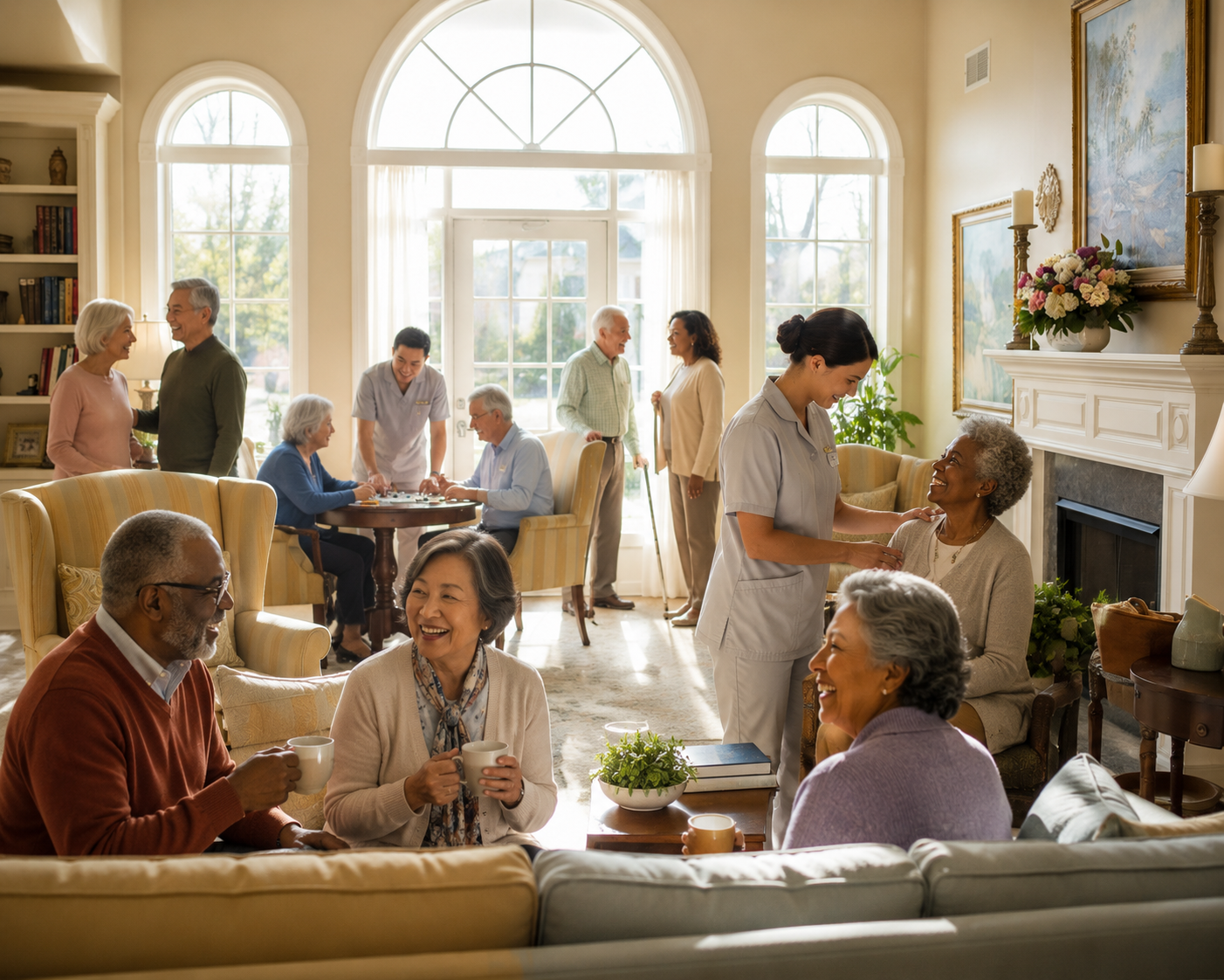 Diverse multicultural caregivers and senior residents of varied ethnicities including African American, Asian, Hispanic, Latino, South Asian, Middle Eastern, and White individuals interacting warmly and sharing conversation in a bright sunlit common room with natural light