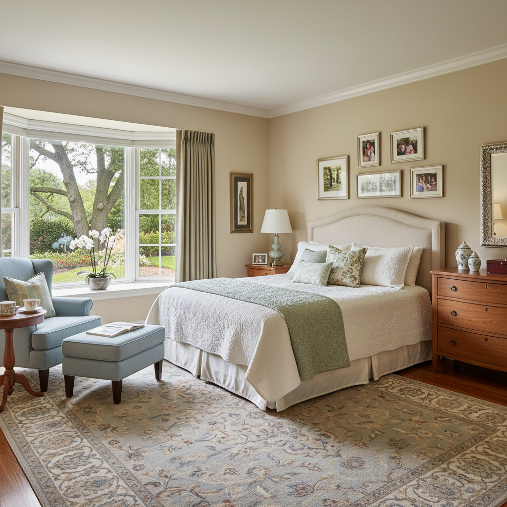 Well-appointed private senior suite with a large window, comfortable bed, and personal decor