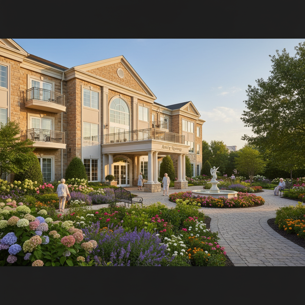 A diverse multicultural community of senior residents including African American, Asian, Hispanic and Latino, South Asian, Middle Eastern, and White elderly individuals of various ethnic backgrounds smiling and socializing together at the Amity Springs Senior Living residence exterior with beautiful manicured gardens in Rockville Centre, NY