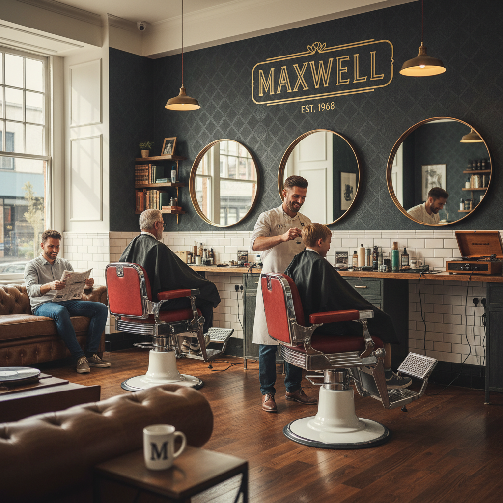 Maxwell's Barber Shop Interior with classic chairs and warm lighting