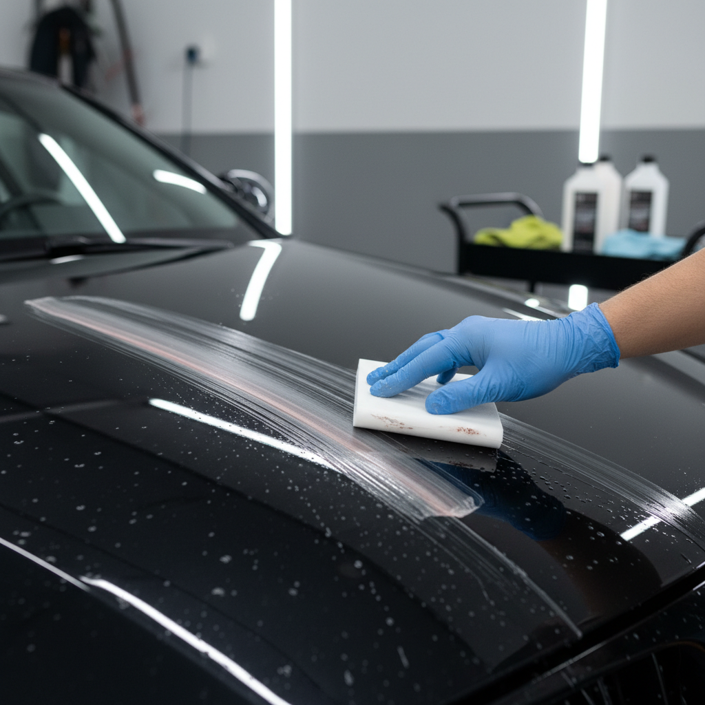 Hand using a clay bar on a car hood to remove embedded contaminants from the paint