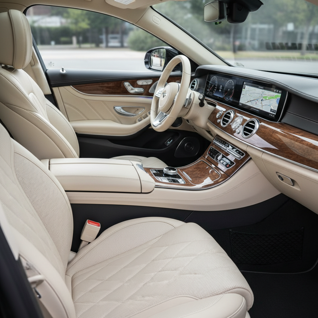 Close-up of a perfectly detailed luxury car interior with clean leather seats and dashboard