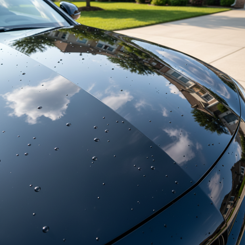 Stunning reflection on a perfectly polished and ceramic coated black car hood