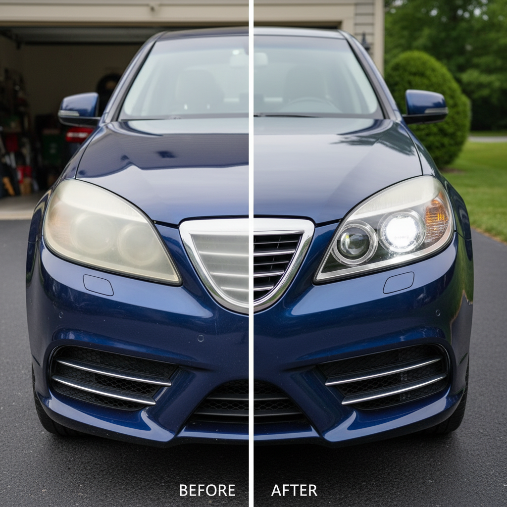 A split image showing a car headlight that is yellow and hazy on one side, and crystal clear on the other after restoration