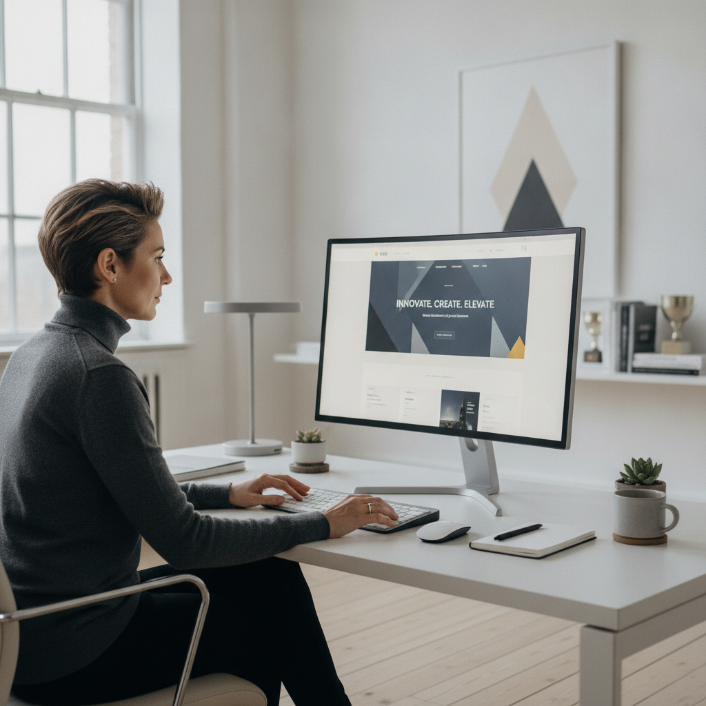 Professional web designer working on a modern high-end business website in a clean studio environment