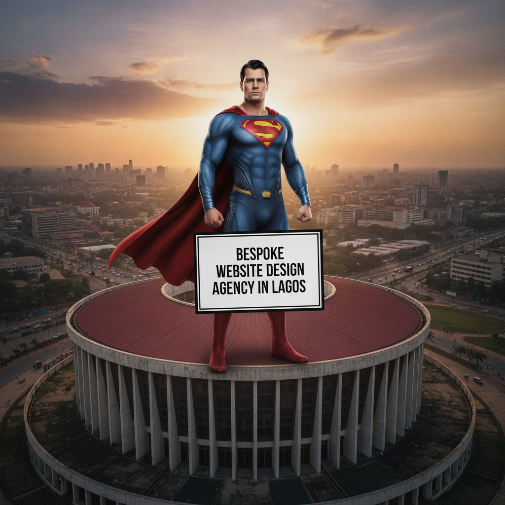 Superman comic character standing heroically on the roof of Lagos National Theatre holding a placard with the text Bespoke Website Design Agency in Lagos