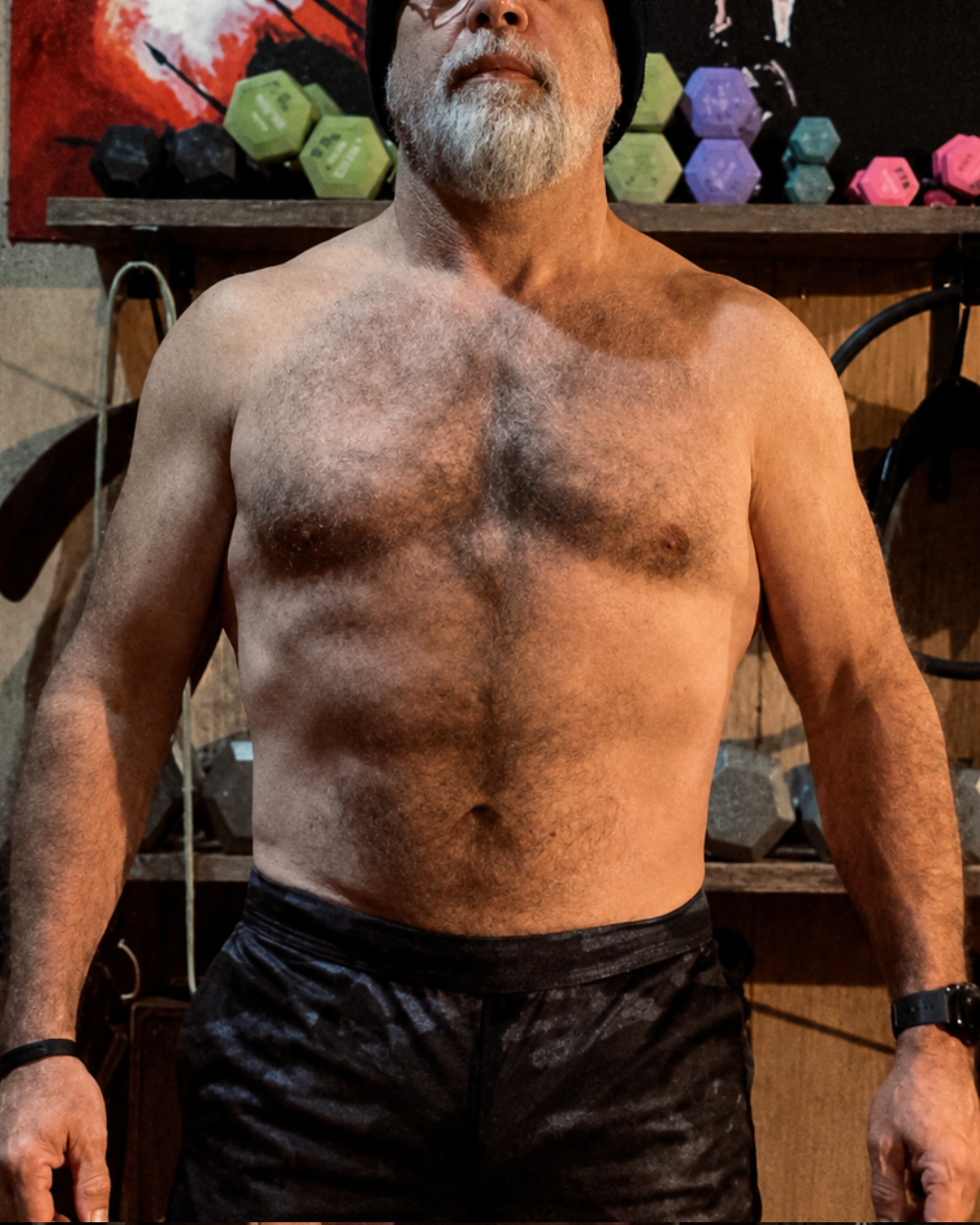 Before transformation photo of male competitor Derek on day one of FIZEEK FREEK challenge showing soft midsection